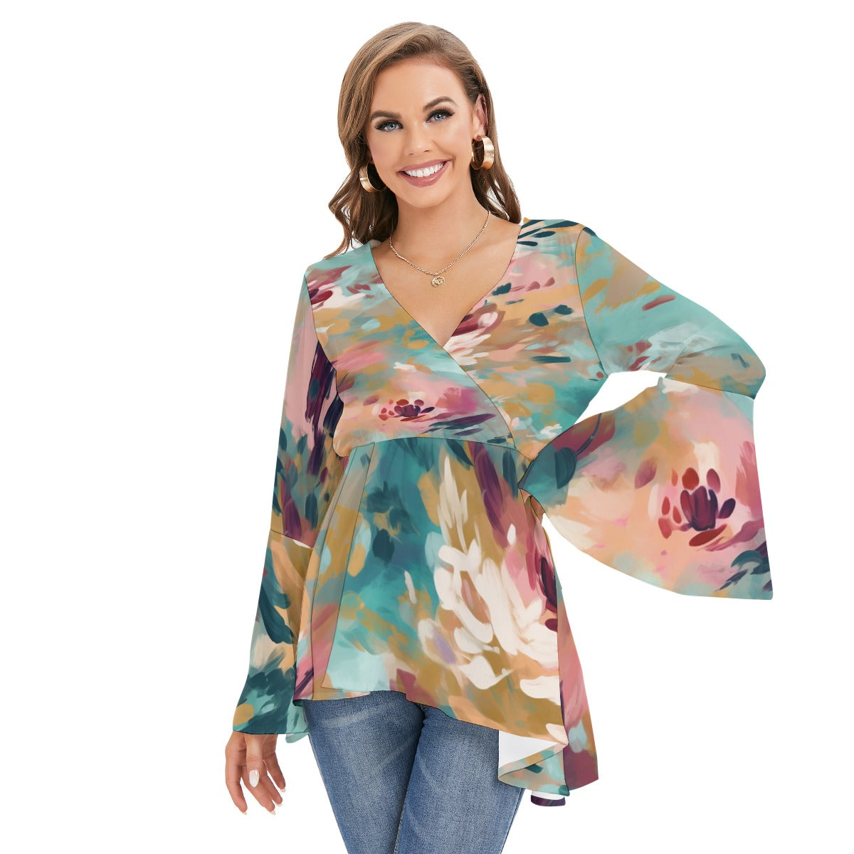 Women's V-neck Blouse With Flared Sleeves