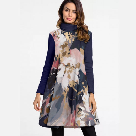 All-Over Print Women's High Neck Dress With Long Sleeve