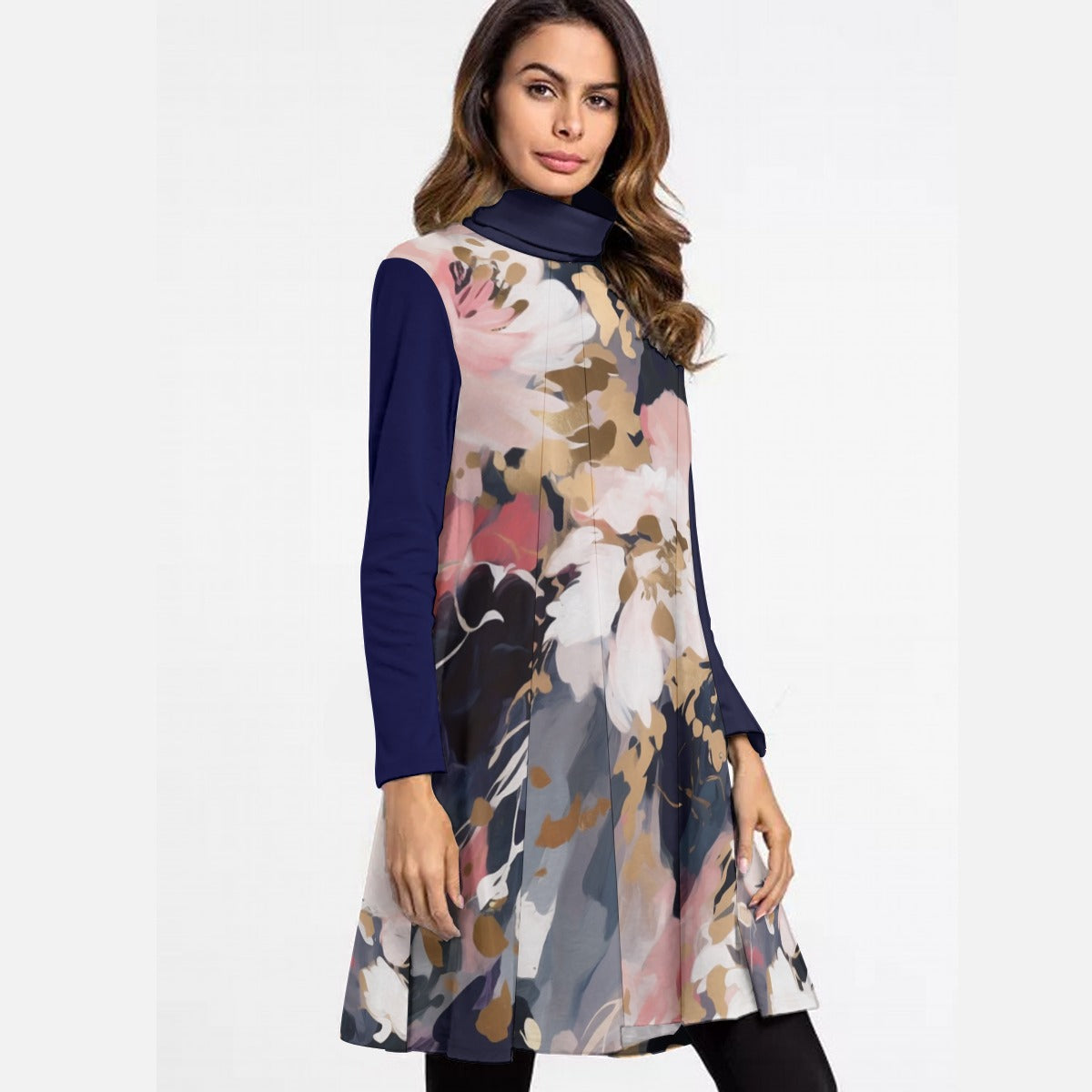 All-Over Print Women's High Neck Dress With Long Sleeve