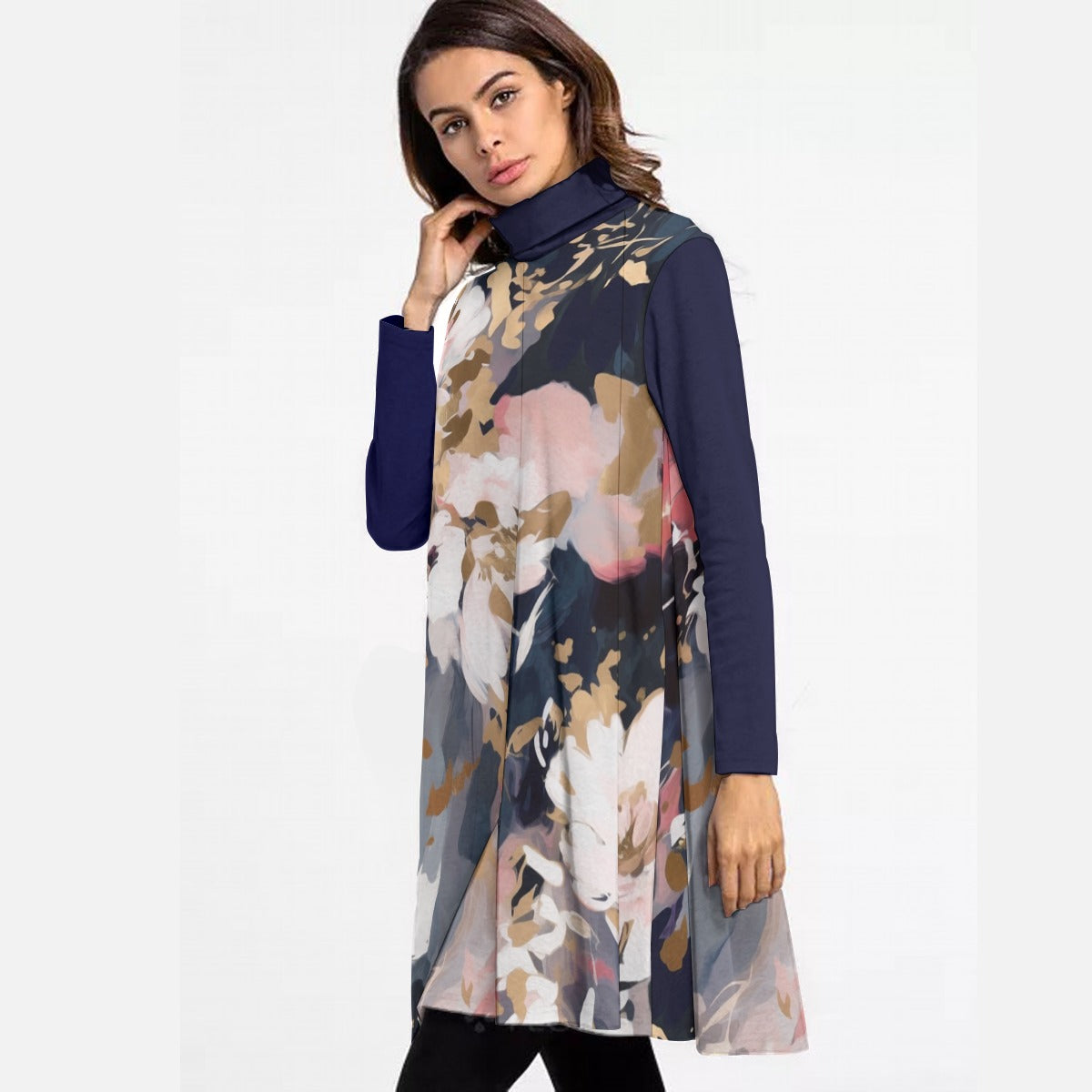 All-Over Print Women's High Neck Dress With Long Sleeve