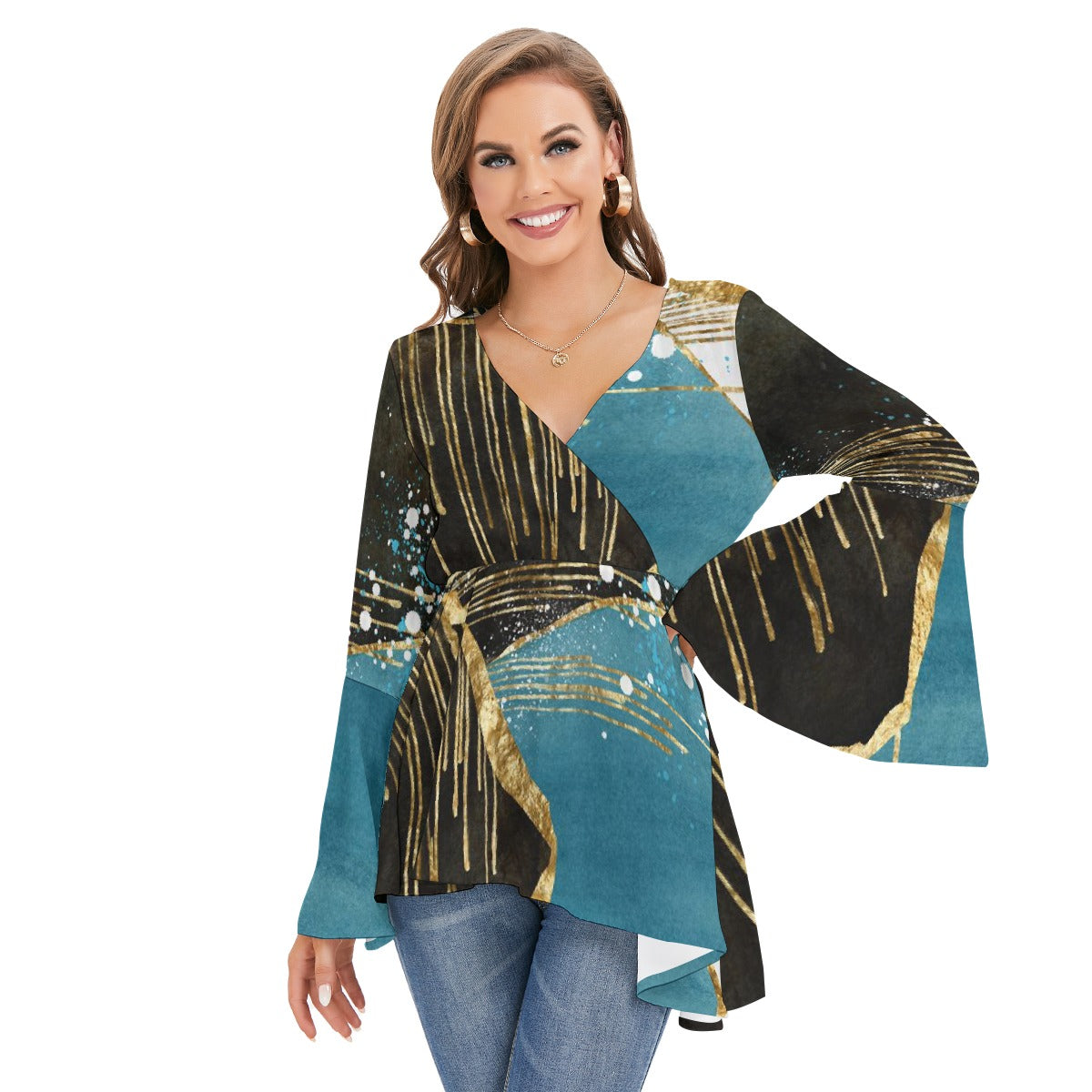 Women's V-neck Blouse With Flared Sleeves
