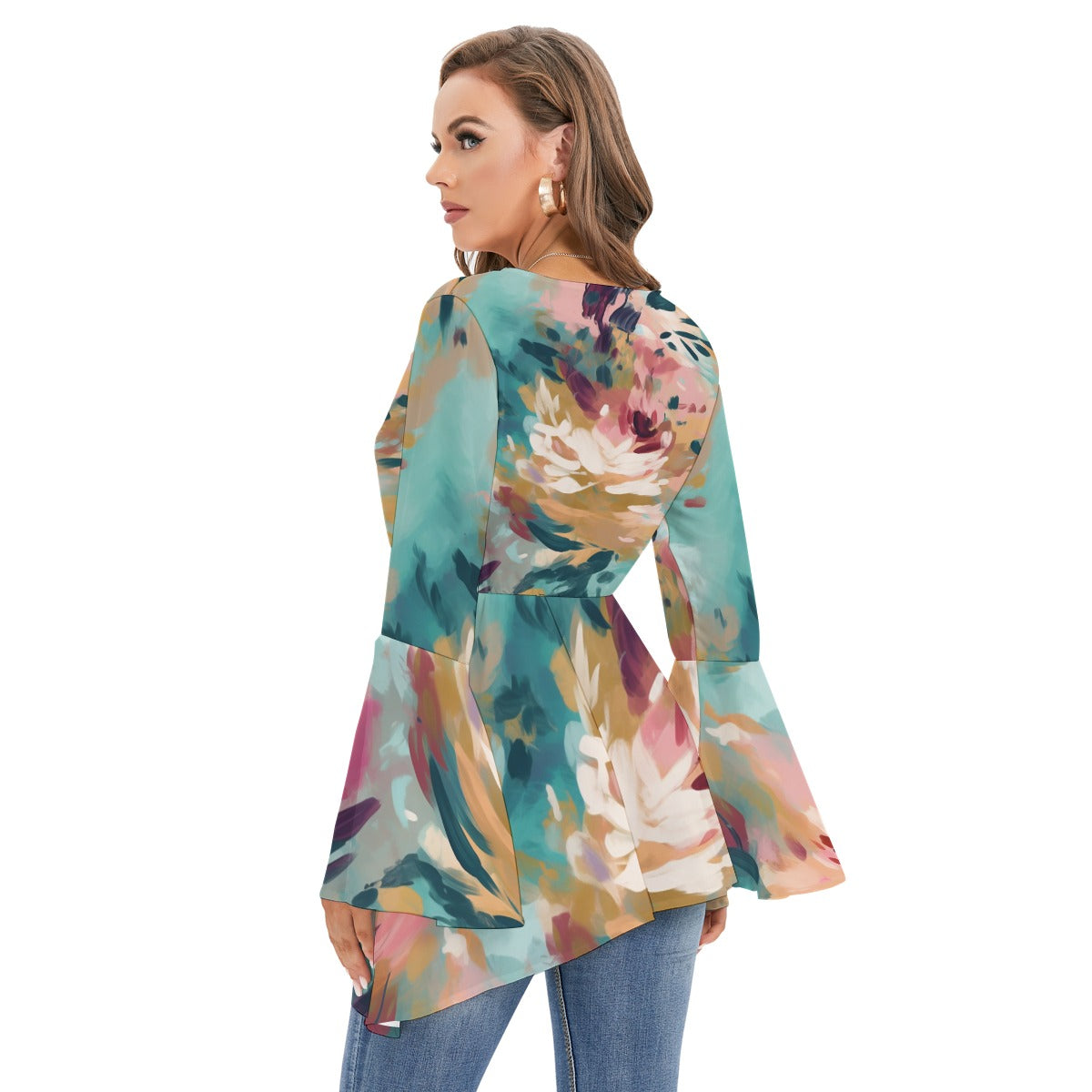 Women's V-neck Blouse With Flared Sleeves