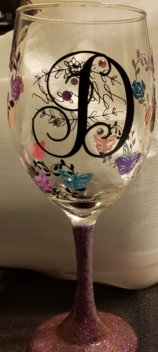 Initialed Monogrammed / Flowered -Wine Glass